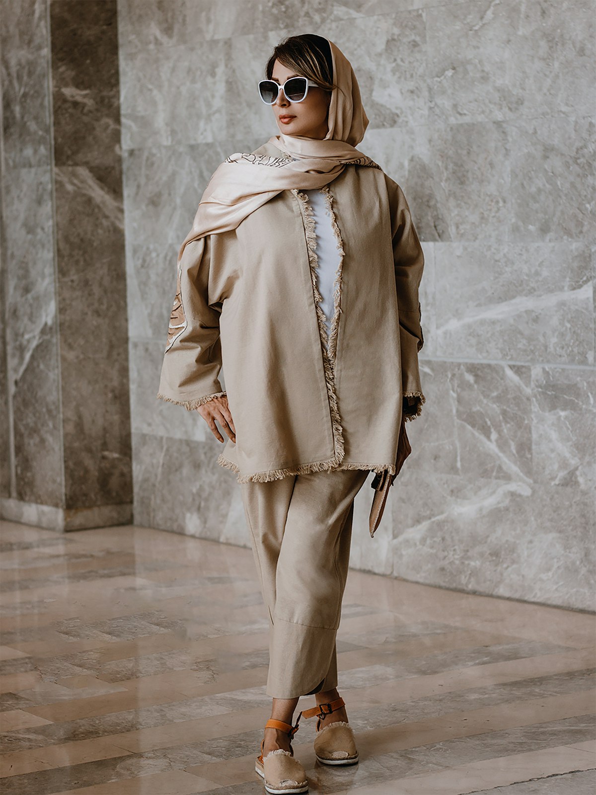 Sand linen set with draped scarf, noon in Marrakech