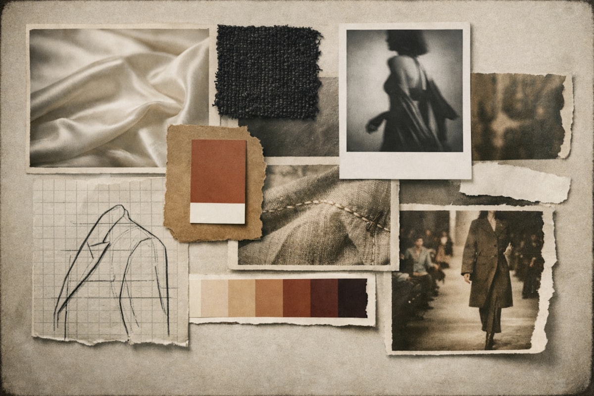Moodboard of neutral fabric swatches with a single terracotta accent