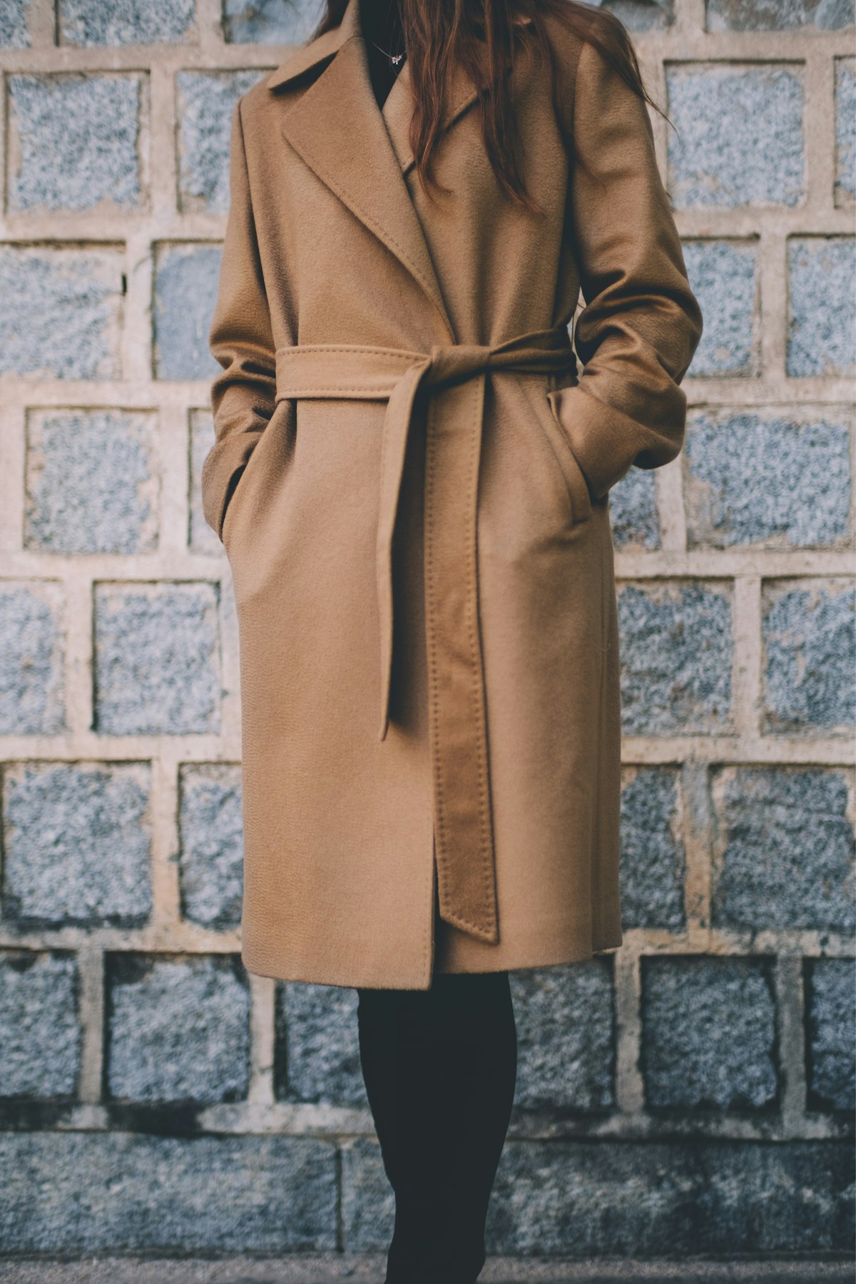 Camel wool melton single-breasted coat, belted