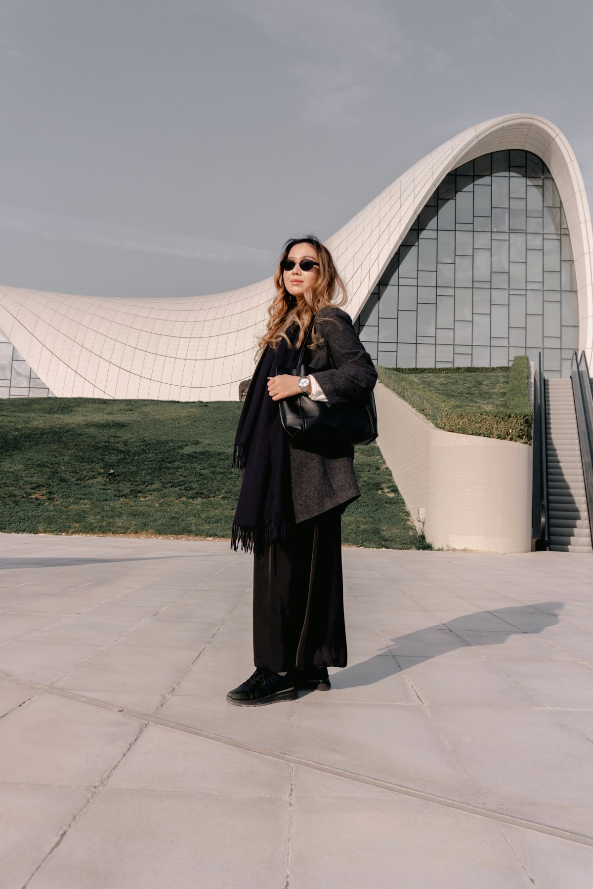 Wide-leg trouser styled with oversized blazer