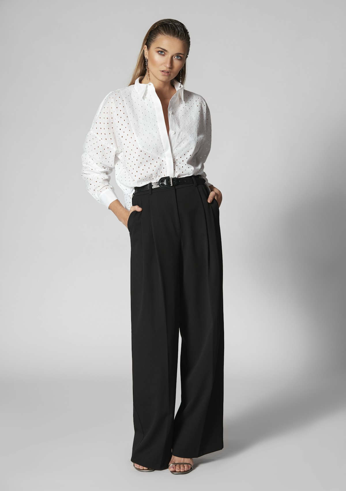 Black Italian wool wide-leg pleated trouser with white shirt